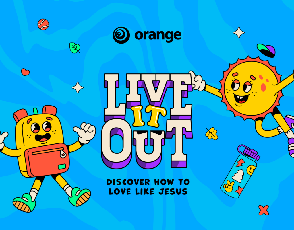 A designed image from Orange's VBS with the words Live It Out: Discover how to love like Jesus. Two cartoon characters are present and smiling in the frame.